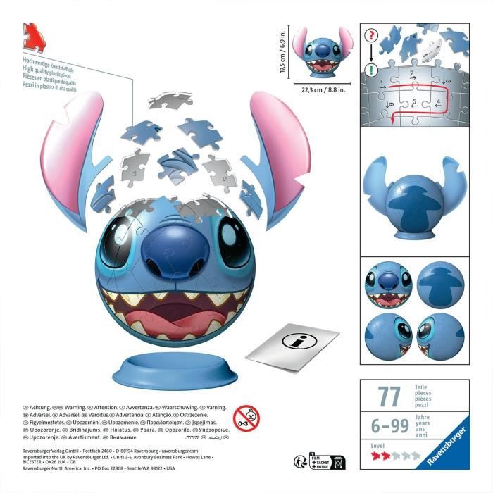 Puzzle 3D Ball Disney Stitch 72 pieces, Des 6 ans, Ravensburger, 11574