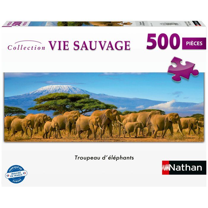 Nathan-Puzzle Adulte 500 pieces-Troupeau d'éléphants (panoramique)-des 12 ans-Pz qualité supérieure-Collection Vie sauvage 12001866