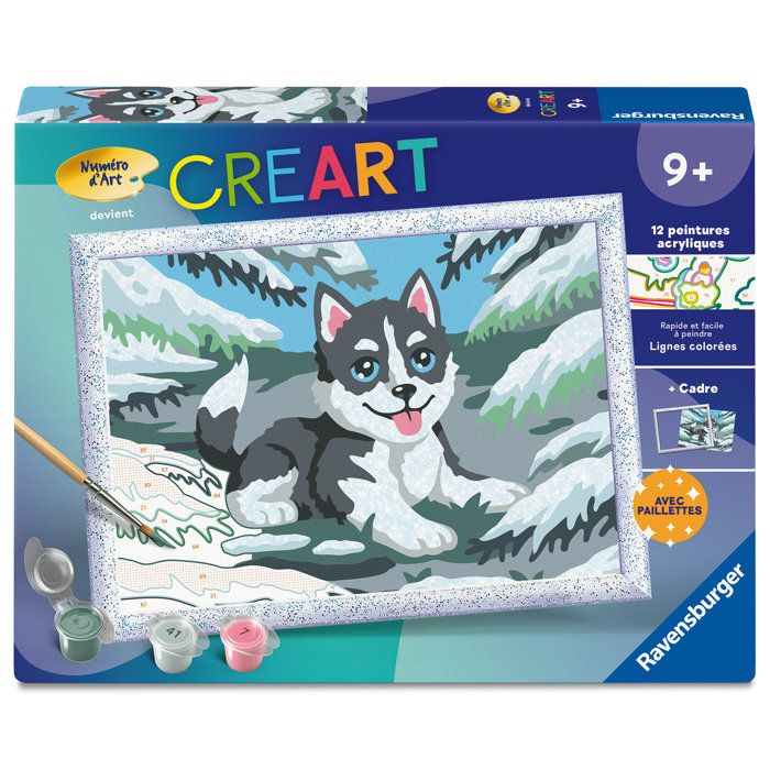 Ravensburger – CreArt Kids 18x24cm – Numéro d'Art – Huski neige – Kit de peinture par numéros – Des 7 ans – 12023226