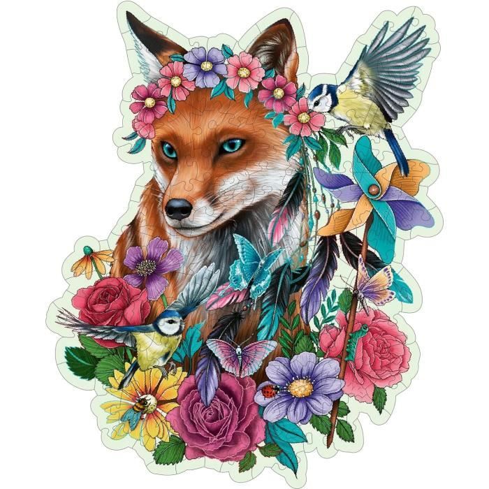 Puzzle en bois Renard coloré 150 pieces robustes et naturelles dont 15 figurines en bois (whimsies), Qualité premium - Pour enfants