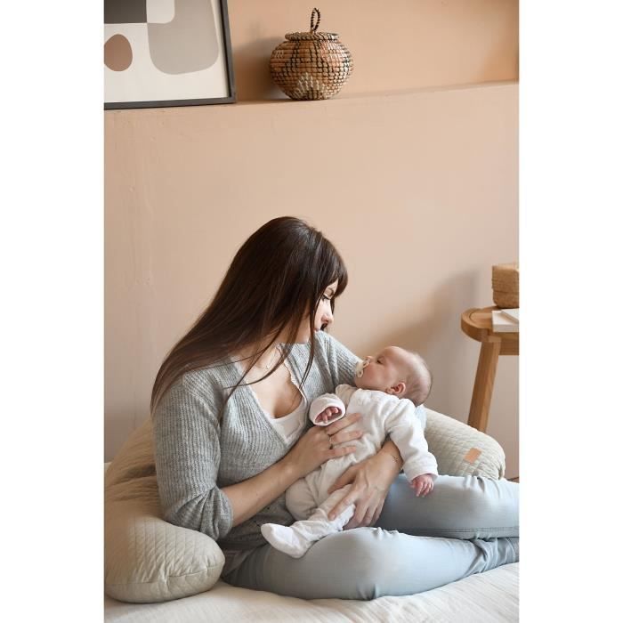 BEABA, Coussin de grossesse et d'allaitement Big Flopsyô, Fleur de coton, Lin, 170 cm