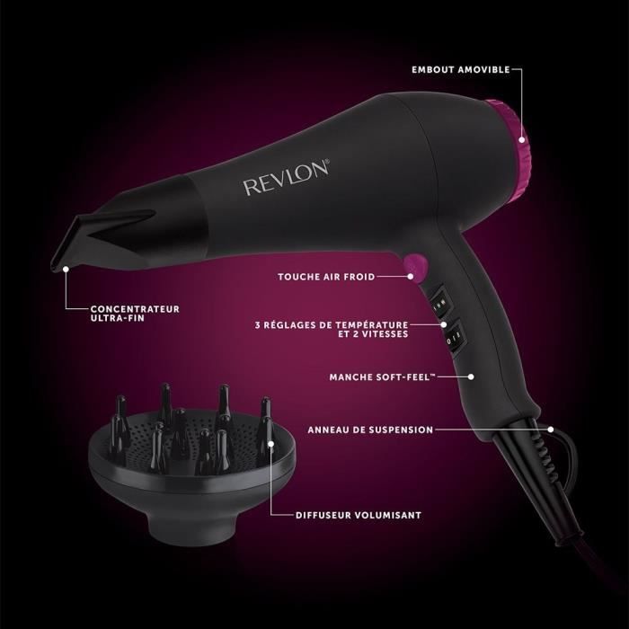 Seche-cheveux - REVLON - RVDR5251E - Perfect Heat - 2000 W - Moteur AC - 2 vitesses - Noir / Rose