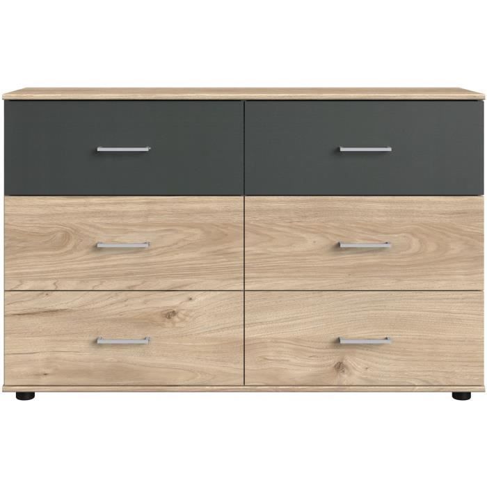 Commode RHODES - 6 tiroirs - Décor Chene et gris - L130 x P41 x H83 cm