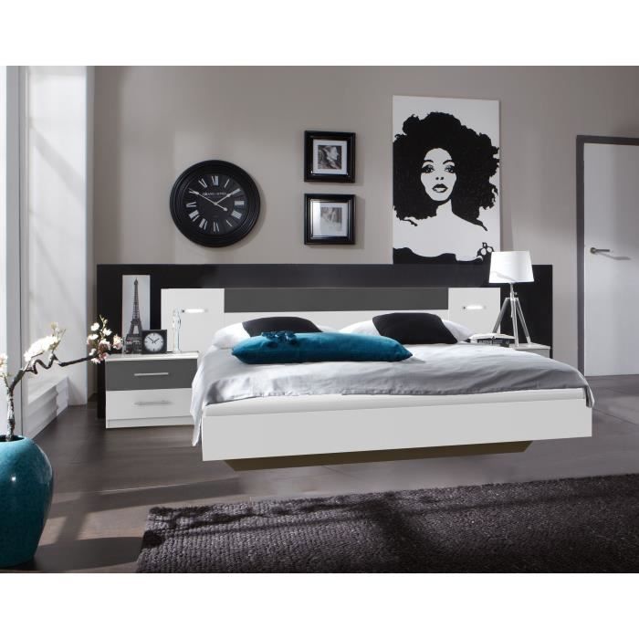 RHODES Lit adulte avec 2 chevets et 2 liseuses - 160 x 200 cm - Blanc /Graphite