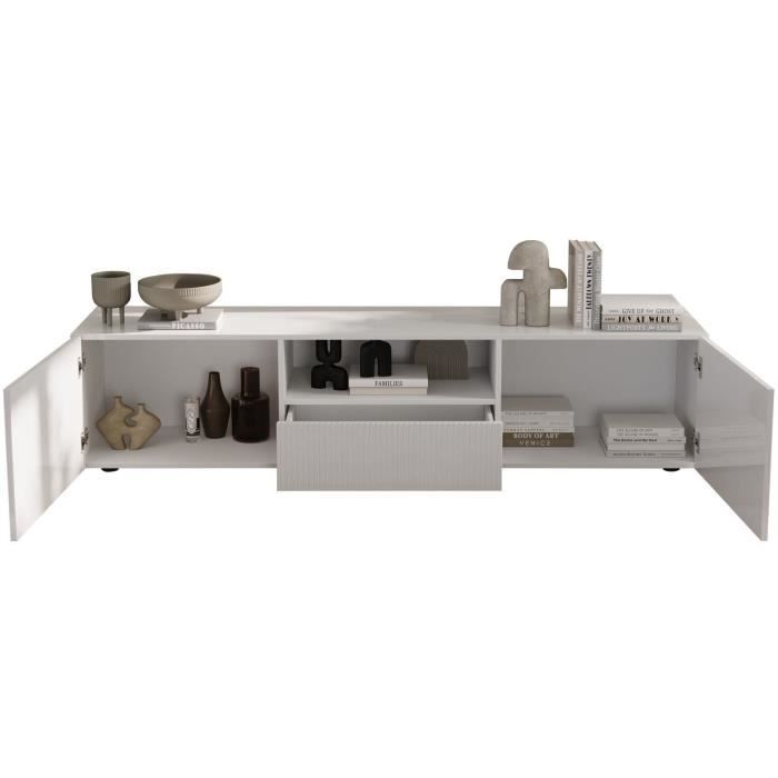 Meuble TV - RICCIONE - Blanc laqué brillant - 2 portes - 1 tiroir - 184 x 42 x 42,5 cm