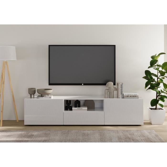 Meuble TV - RICCIONE - Blanc laqué brillant - 2 portes - 1 tiroir - 184 x 42 x 42,5 cm