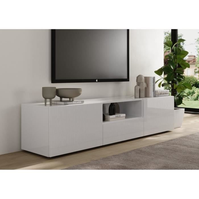 Meuble TV - RICCIONE - Blanc laqué brillant - 2 portes - 1 tiroir - 184 x 42 x 42,5 cm