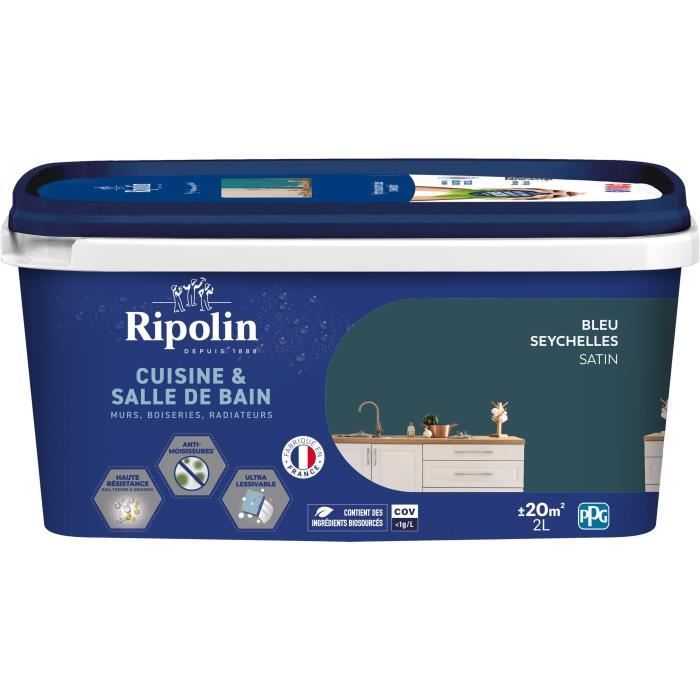 Peinture murs, boiseries, plafonds, radiateurs - RIPOLIN - Cuisine et bain - 2 L - Bleu Seychelles