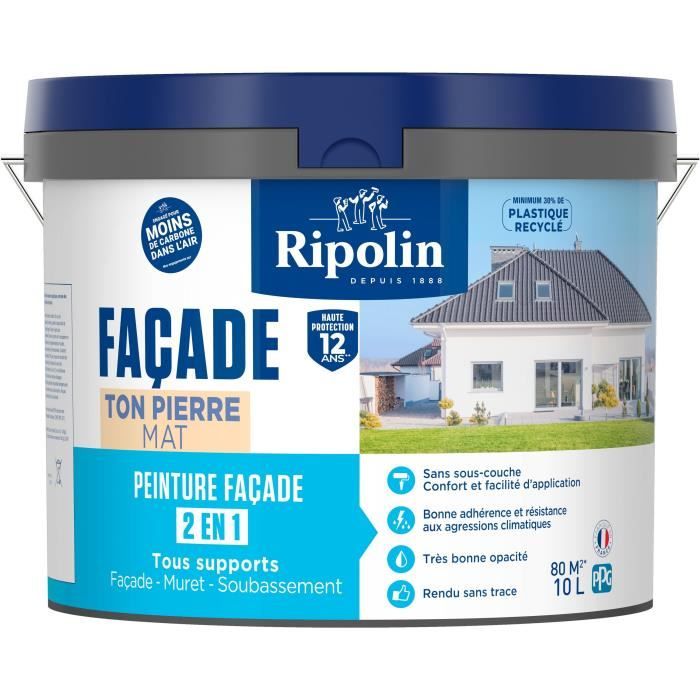 Peinture faÁade classic 2 en 1 - RIPOLIN - 474647 - Ton pierre - Mat - 10 L