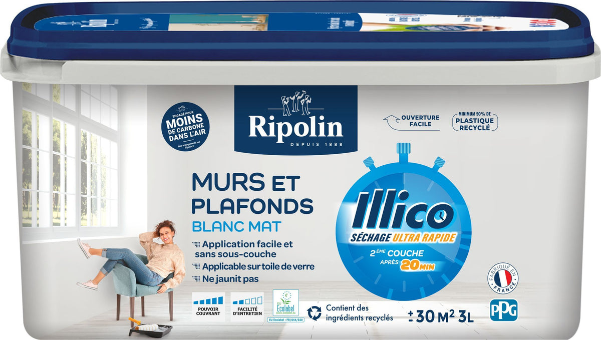 Peinture murs et plafonds - Blanc - Mat - RIPOLIN - Illico - 3 L