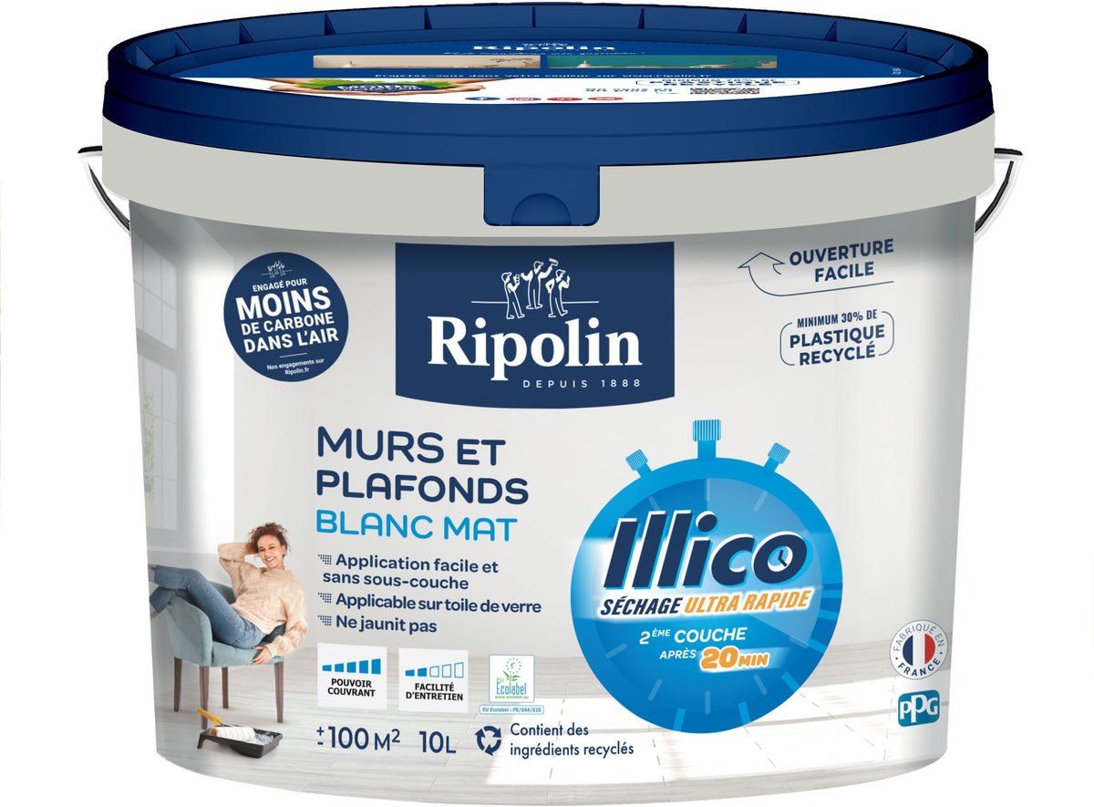 Peinture murs et plafonds - Blanc - Mat - RIPOLIN - Illico - 10 L