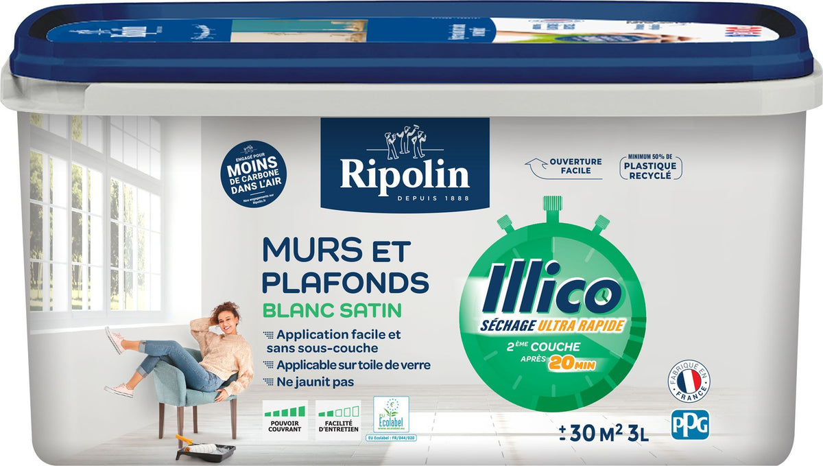 Peinture murs et plafonds - Blanc - Satin - RIPOLIN - Illico - 3 L