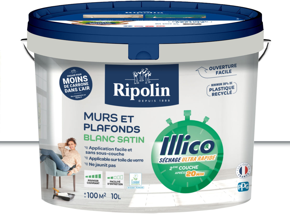 Peinture murs et plafonds - Blanc - Satin - RIPOLIN - Illico - 10 L