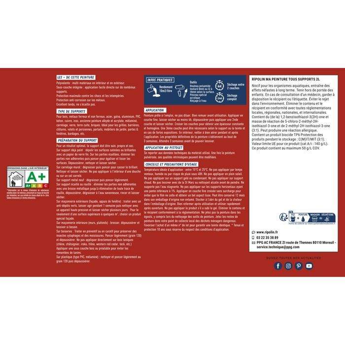 Peinture multi-supports - Rouge piment - RAL 3000 - Mat - Ripolin - 2L