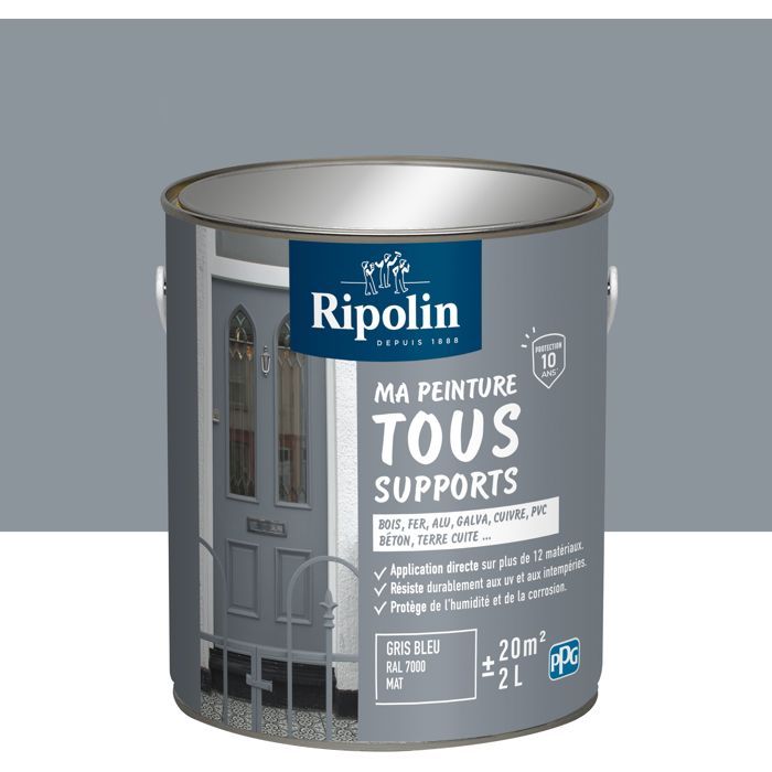 Peinture multi-supports - Gris bleu - RAL 7000 - Mat - Ripolin - 2L