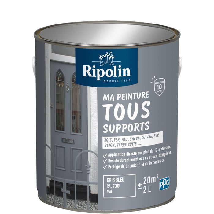 Peinture multi-supports - Gris bleu - RAL 7000 - Mat - Ripolin - 2L