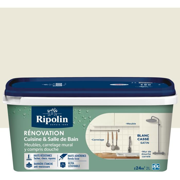 Peinture rénovation cuisine et salle de bain - Blanc cassé - Satiné - Ripolin - 2L