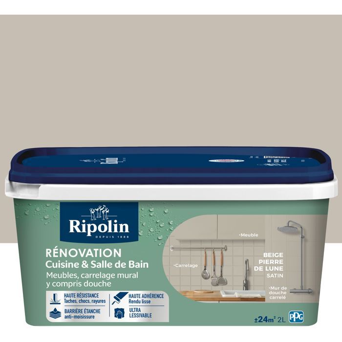 Peinture rénovation cuisine et salle de bain - Beige pierre - Satiné - Ripolin - 2L