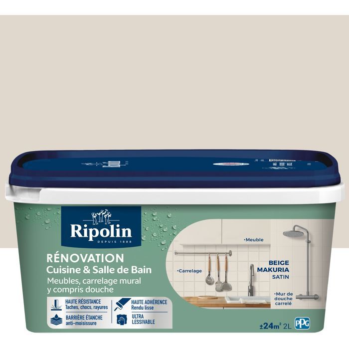 Peinture rénovation cuisine et salle de bain - Beige makuria - Satiné - Ripolin - 2L
