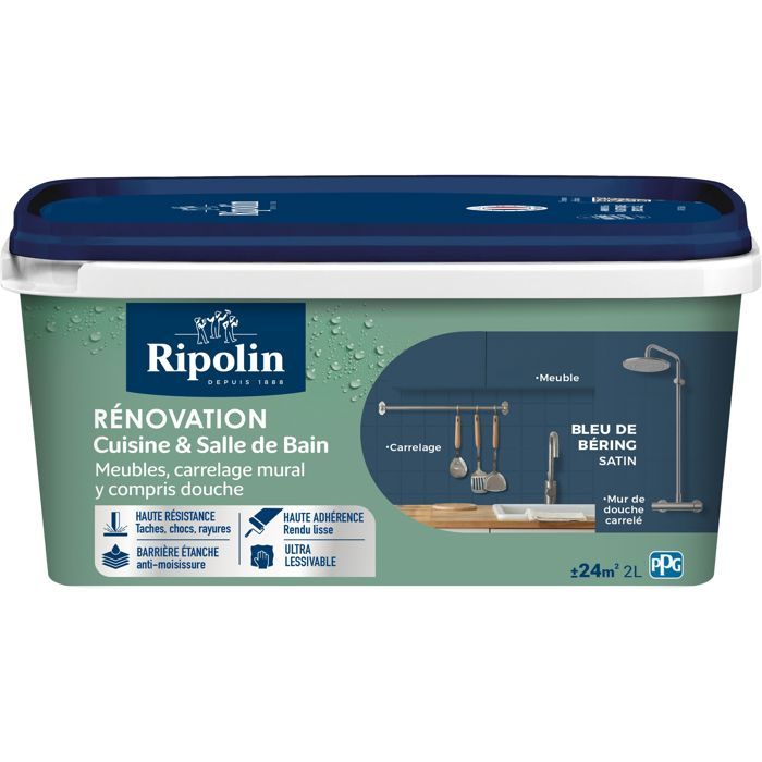 Peinture rénovation cuisine et salle de bain - Bleu de bering - Satiné - Ripolin - 2L