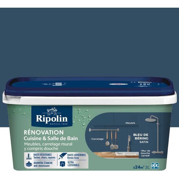 Peinture rénovation cuisine et salle de bain - Bleu de bering - Satiné - Ripolin - 2L