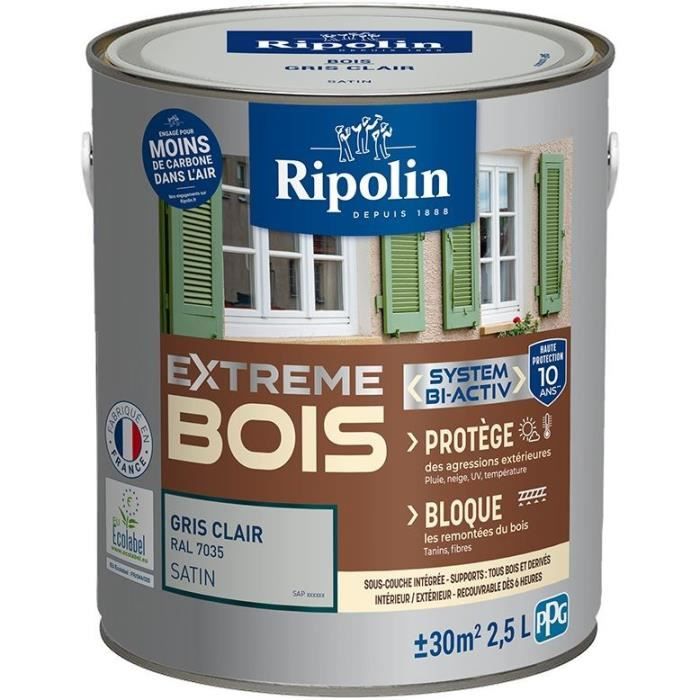 RIPOLIN Peinture pour bois intÈrieur et extÈrieur - Gris clair Ral 7035 satin - 2,5 L