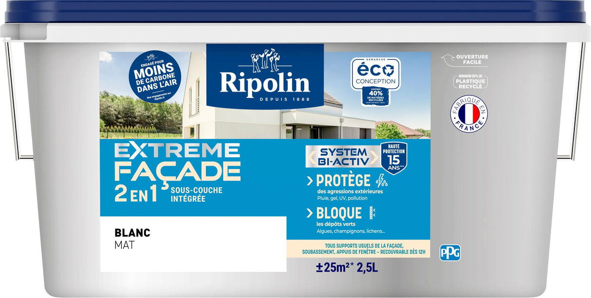 Peinture extrême façade 2 en 1 - Blanc - Mat - Ripolin - 2,5L