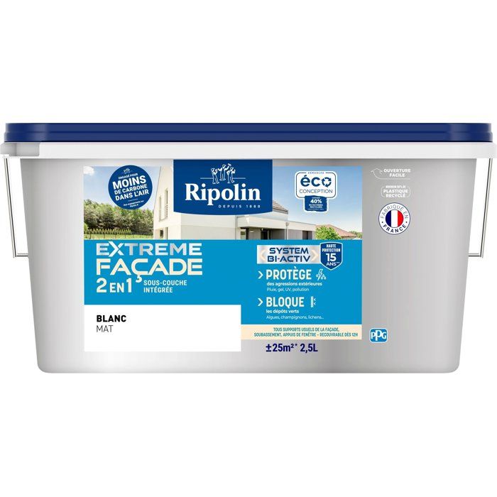 Peinture extrême façade 2 en 1 - Blanc - Mat - Ripolin - 2,5L