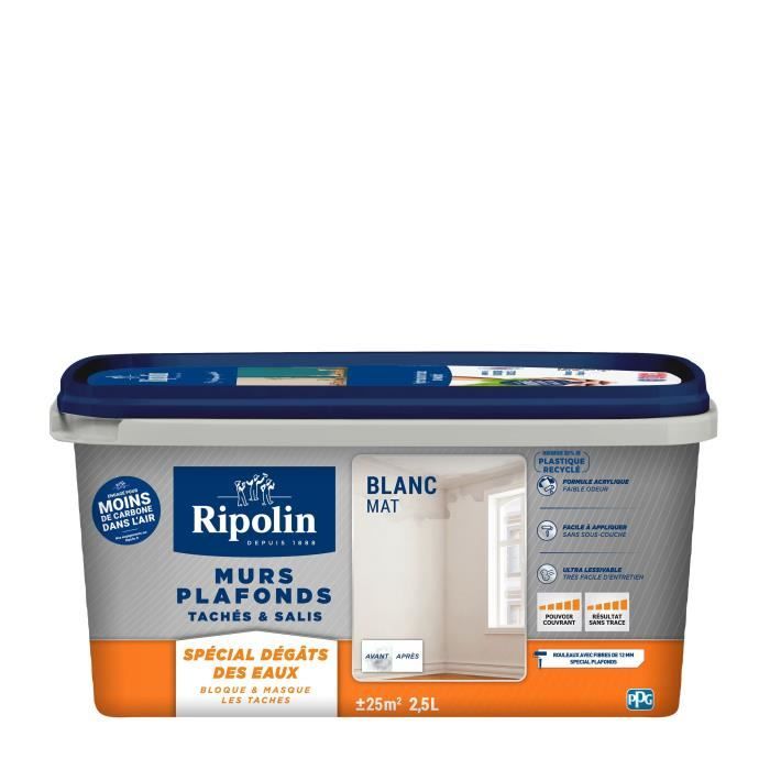 Peinture murs & plafonds tachés & salis - Spécial dégâts des eaux - Blanc mat - RIPOLIN - 2,5L