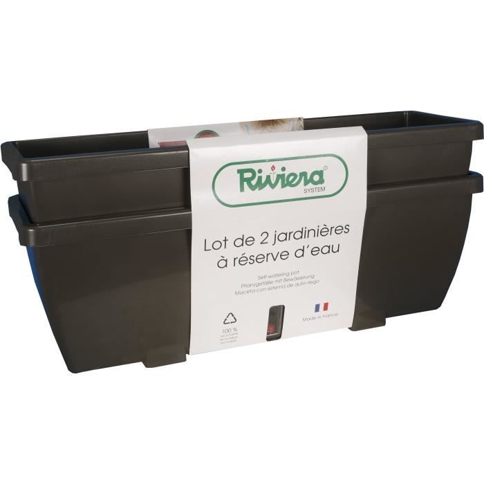 Bac a fleurs RIVIERA EVA - Lot 2 jardinieres - Plastique - 56,5x18,5x 25,5 cm - Gris