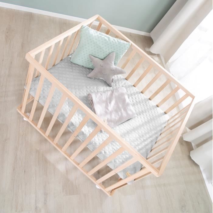 Parc bébé - ROBA - 75 x 100 cm - Tapis de parc 'Roba Style' gris inclus - Roulettes - Bois naturel