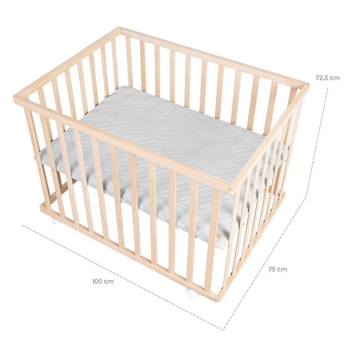 Parc bébé - ROBA - 75 x 100 cm - Tapis de parc 'Roba Style' gris inclus - Roulettes - Bois naturel