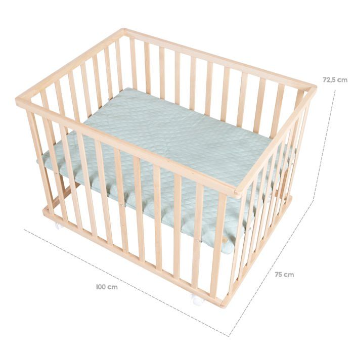 Parc bébé - ROBA - 75 x 100 cm - Tapis de parc 'Roba Style' vert givré inclus - Roulettes - Bois naturel