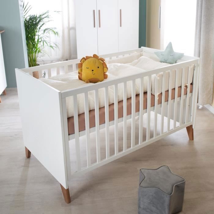 Lit bébé évolutif en lit junior - 70 x 140 cm - ROBA - OLE - Blanc / Pieds chene massif