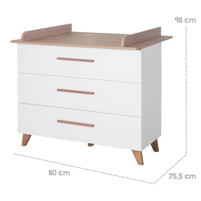 Chambre bébé complete : Lit évolutif 70 x 140 cm + commode a langer + armoire 3 portes - OLE - ROBA - Chene foncé / Blanc