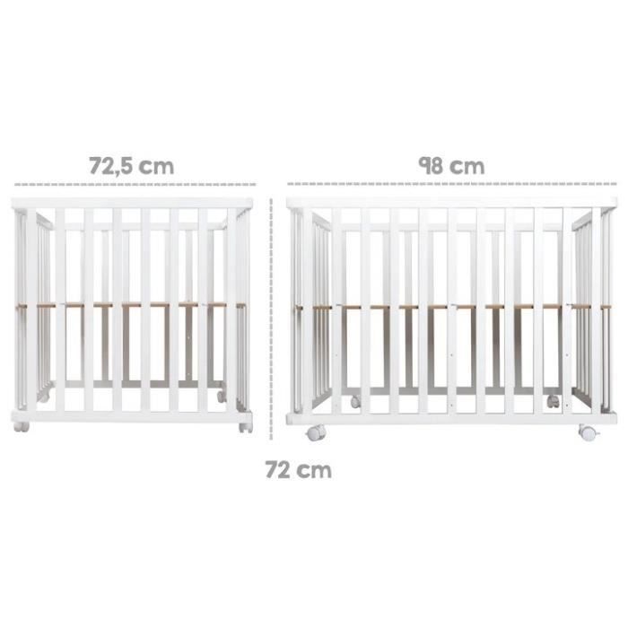 Parc Bébé 100x75 cm + Tapis Adam et Eule Imprimé Chouette + 4 Roues - ROBA - Bois blanc