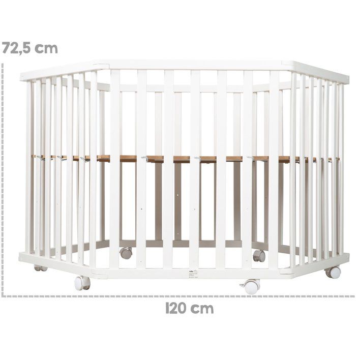 Parc hexagonal - ROBA - FOX & BUNNY - De la naissance jusqu'a 15 kg - Réglable - Roulettes - Blanc laqué