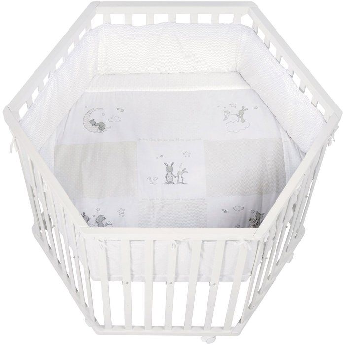 Parc hexagonal - ROBA - FOX & BUNNY - De la naissance jusqu'a 15 kg - Réglable - Roulettes - Blanc laqué