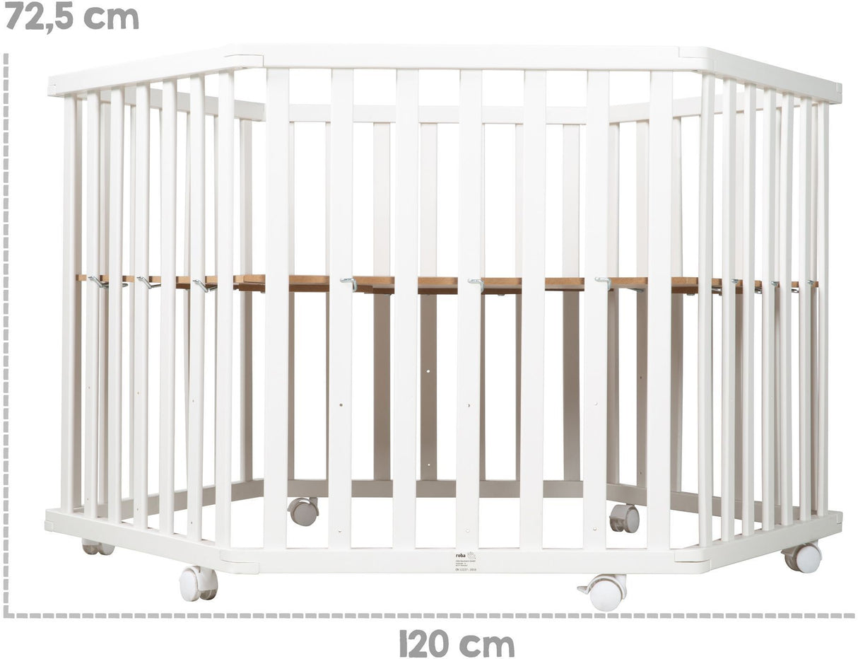 Parc hexagonal - ROBA - FOX & BUNNY - De la naissance jusqu'a 15 kg - Réglable - Roulettes - Blanc laqué