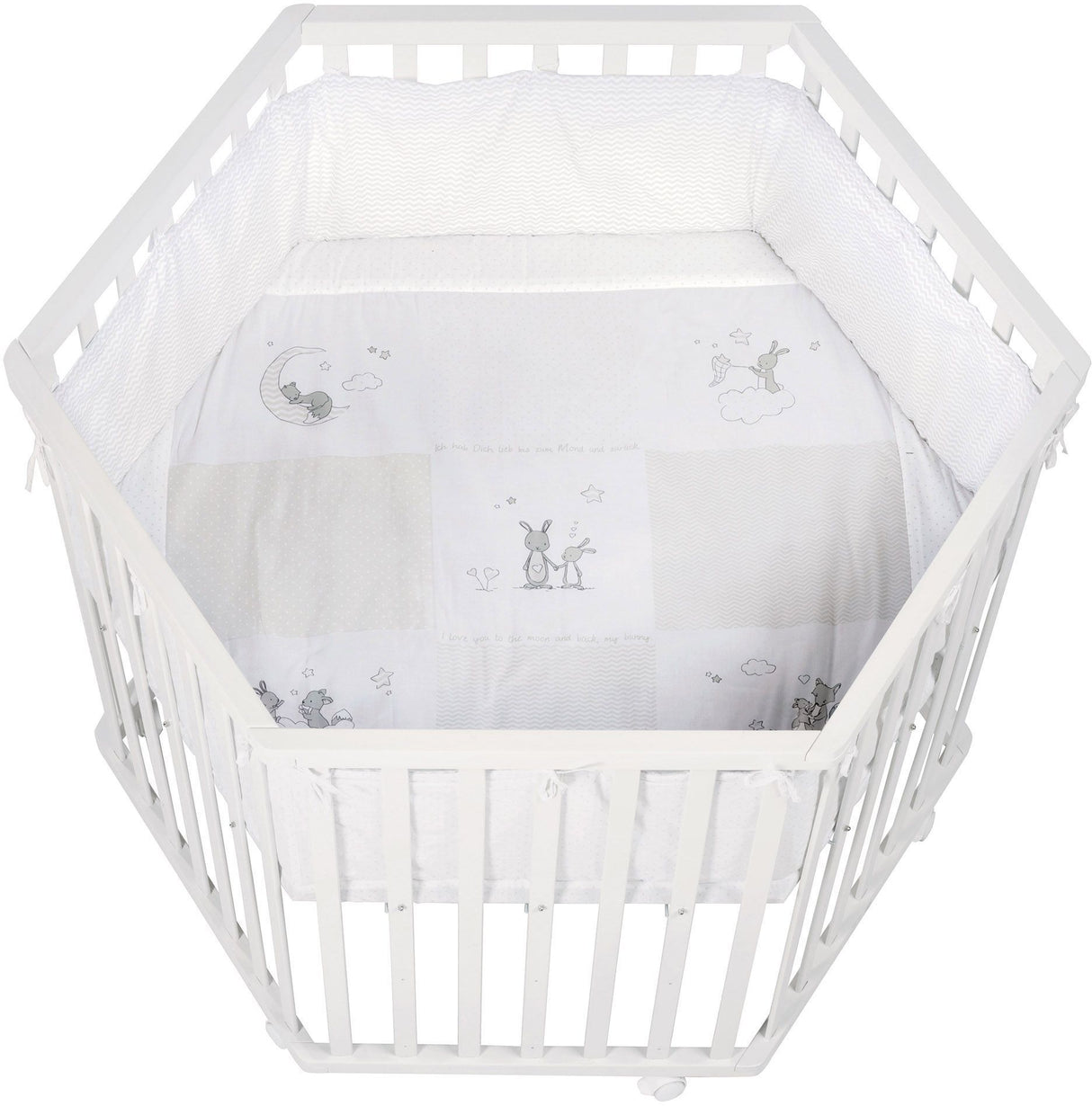 Parc hexagonal - ROBA - FOX & BUNNY - De la naissance jusqu'a 15 kg - Réglable - Roulettes - Blanc laqué