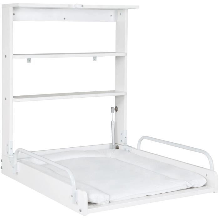 Table a langer murale rabattable - ROBA - Matelas imperméable inclus - 2 Étageres intégrées - Bois Laqué Blanc