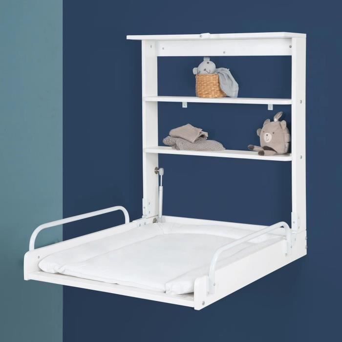 Table a langer murale rabattable - ROBA - Matelas imperméable inclus - 2 Étageres intégrées - Bois Laqué Blanc