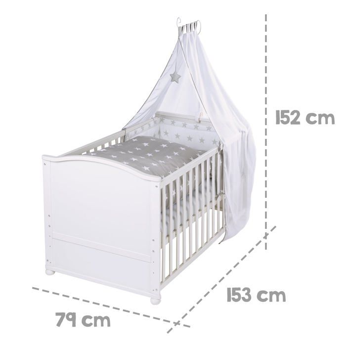 Lit bébé évolutif - 70 x 140 cm - ROBA - LITTLE STARS - Avec accessoires - Blanc