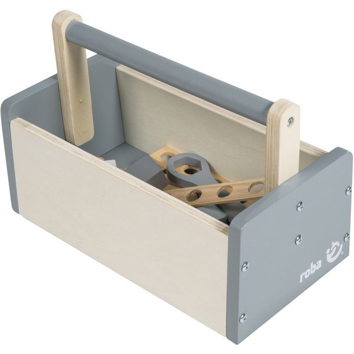 Boite a outils en bois pour enfant - ROBA - 22 pieces - Naturel, gris et blanc