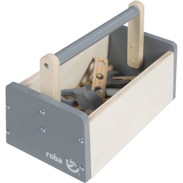 Boite a outils en bois pour enfant - ROBA - 22 pieces - Naturel, gris et blanc
