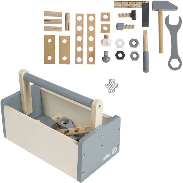 Boite a outils en bois pour enfant - ROBA - 22 pieces - Naturel, gris et blanc
