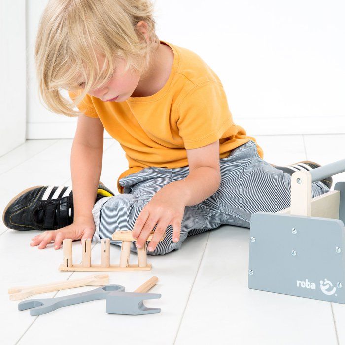 Boite a outils en bois pour enfant - ROBA - 22 pieces - Naturel, gris et blanc
