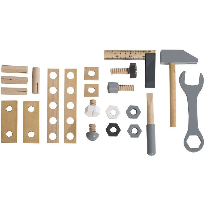 Boite a outils en bois pour enfant - ROBA - 22 pieces - Naturel, gris et blanc