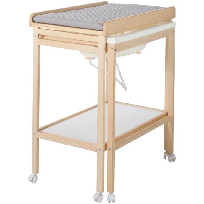 Table a langer avec baignoire coulissante - ROBA - Inclus matelas depérlant Roba style Gris - Tablette de rangement - Bois Naturel