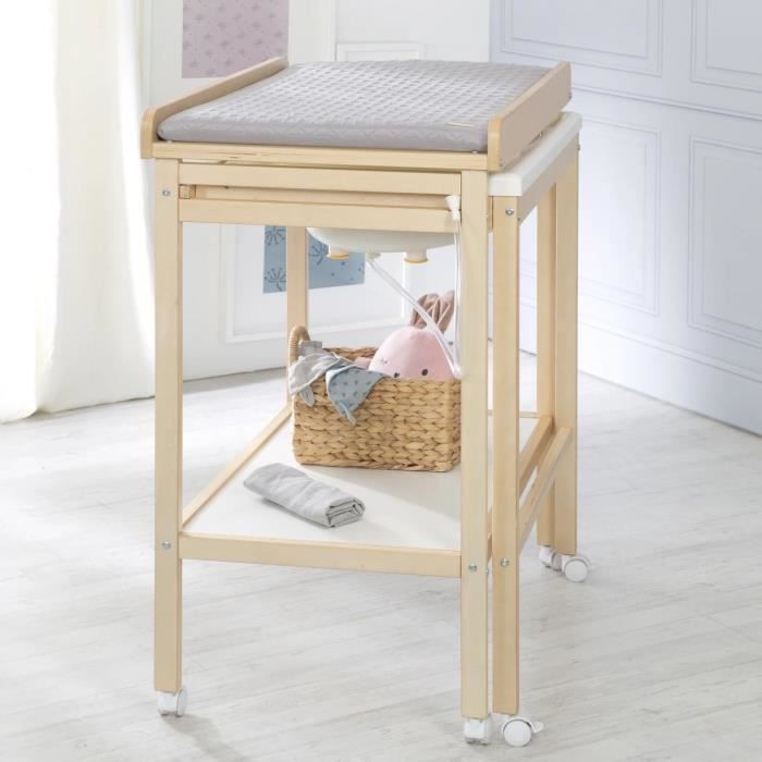 Table a langer avec baignoire coulissante - ROBA - Inclus matelas depérlant Roba style Gris - Tablette de rangement - Bois Naturel
